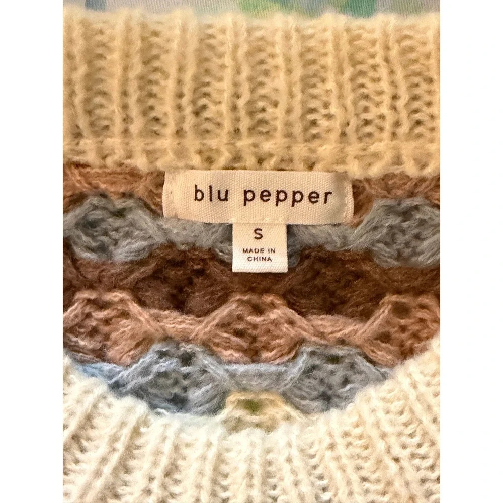 NWOT Blu Pepper | Sweater Small Multi-Color Diamond Crochet Knit Long Sleeve - Picture 6 of 9